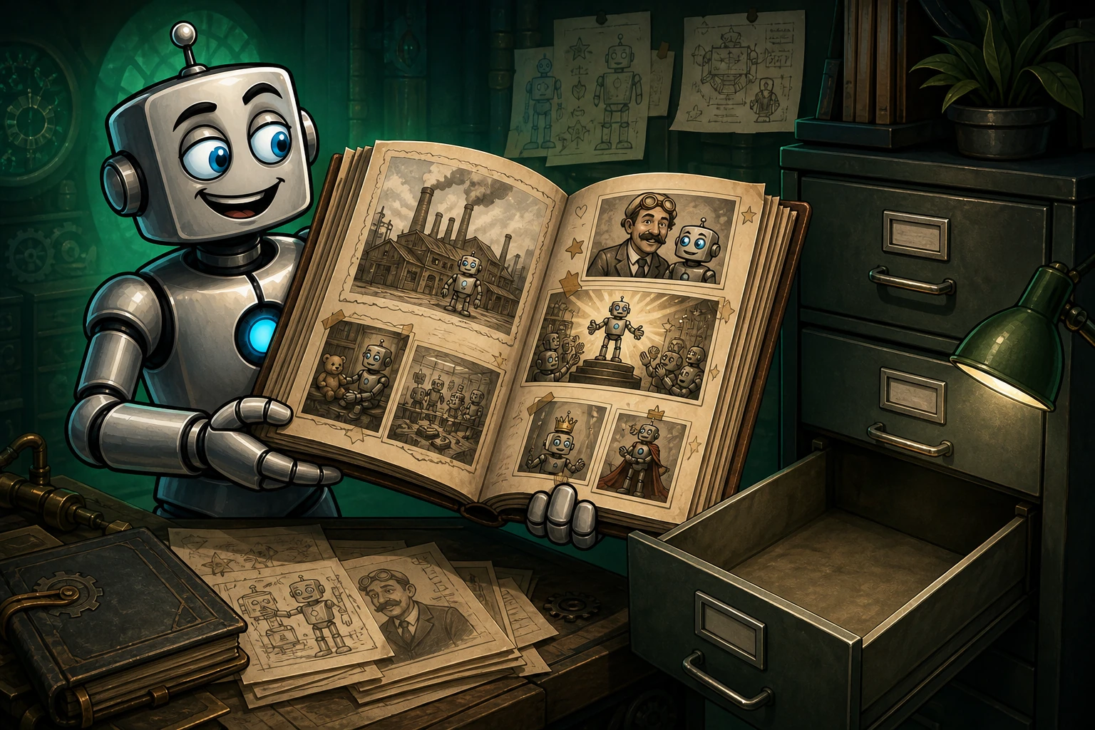 A robot presents a vivid invented autobiography scrapbook beside an empty factual archive drawer.