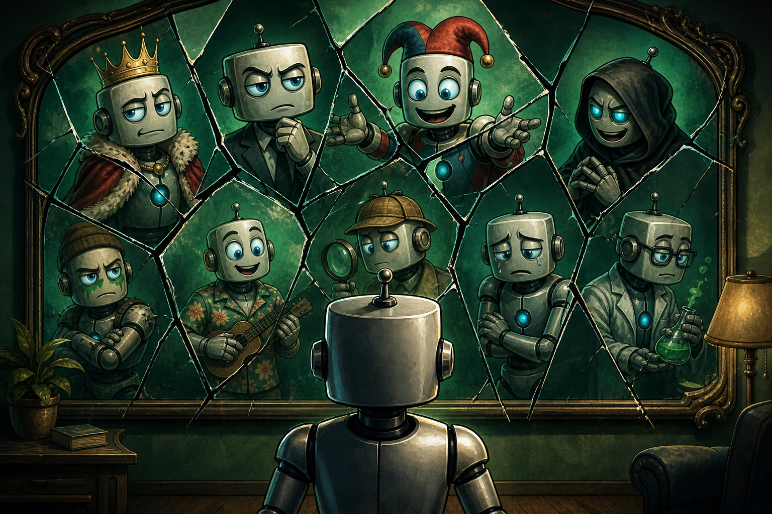 A robot faces a fractured mirror whose shards show incompatible personas that do not form one continuous self-image.