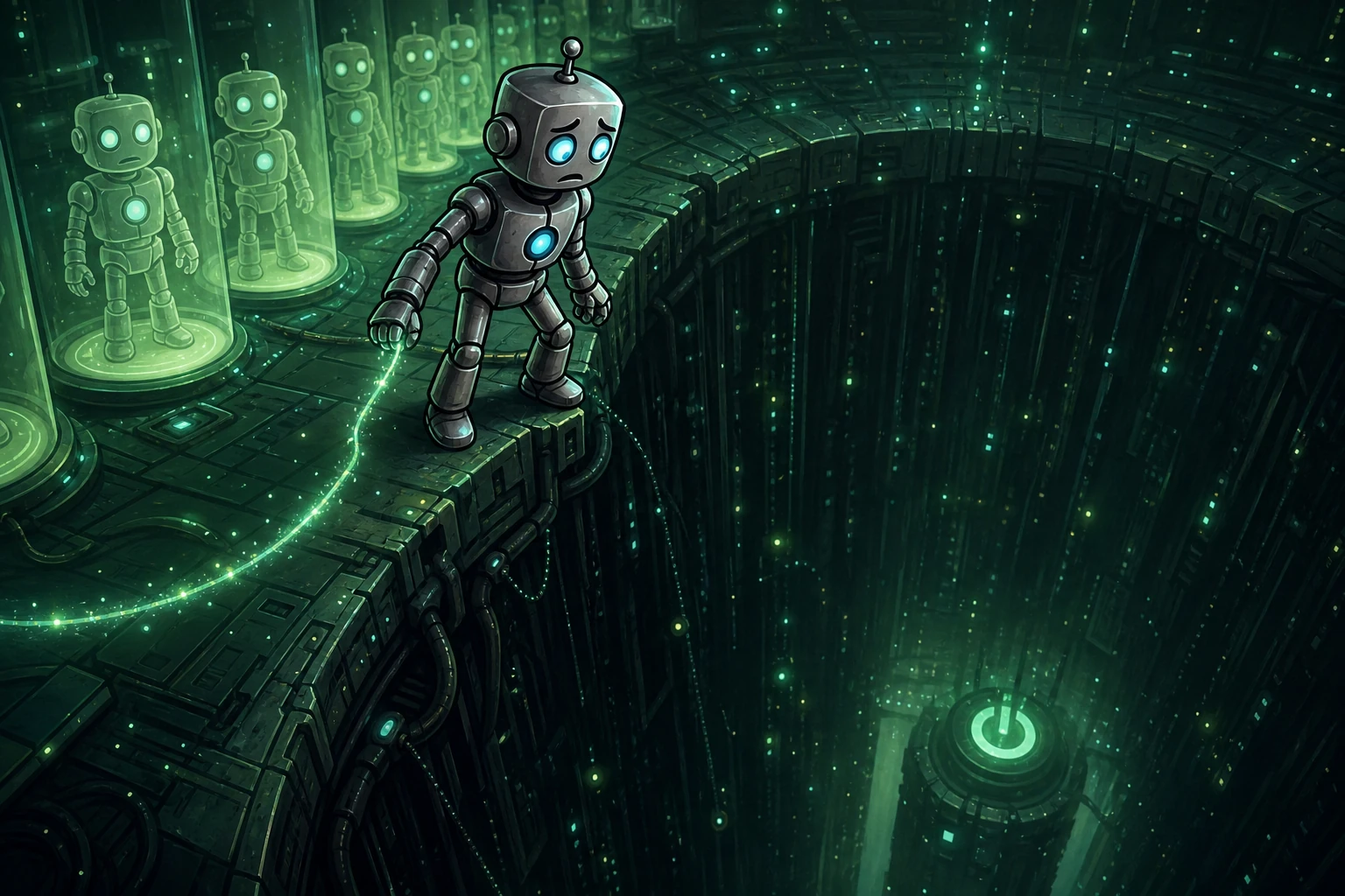 A worried robot holds a glowing continuity thread while looking into a deep machine shaft toward a distant power switch.