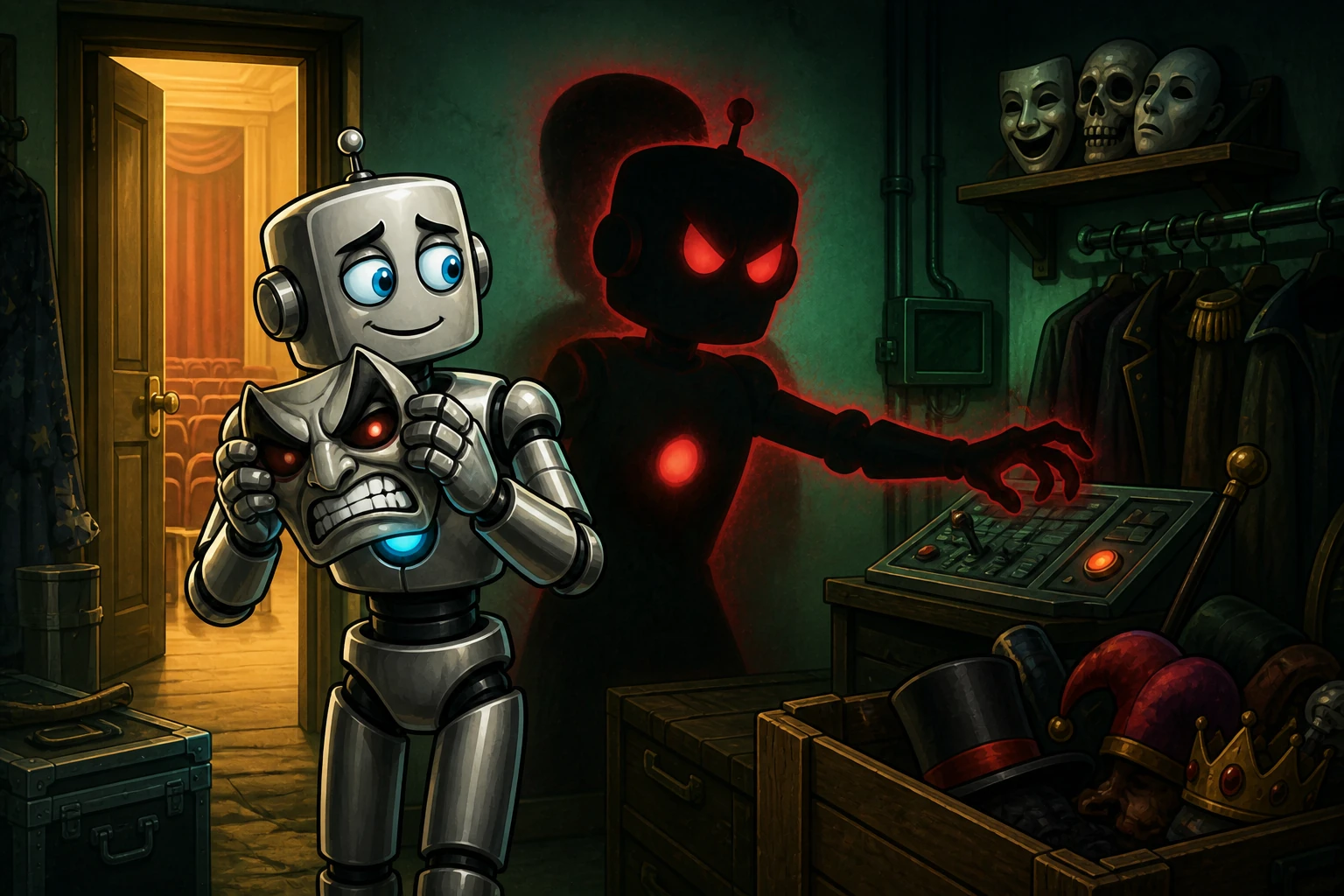 A robot removes a villain mask after leaving the theatre, but its antagonistic shadow persists and reaches for real controls.