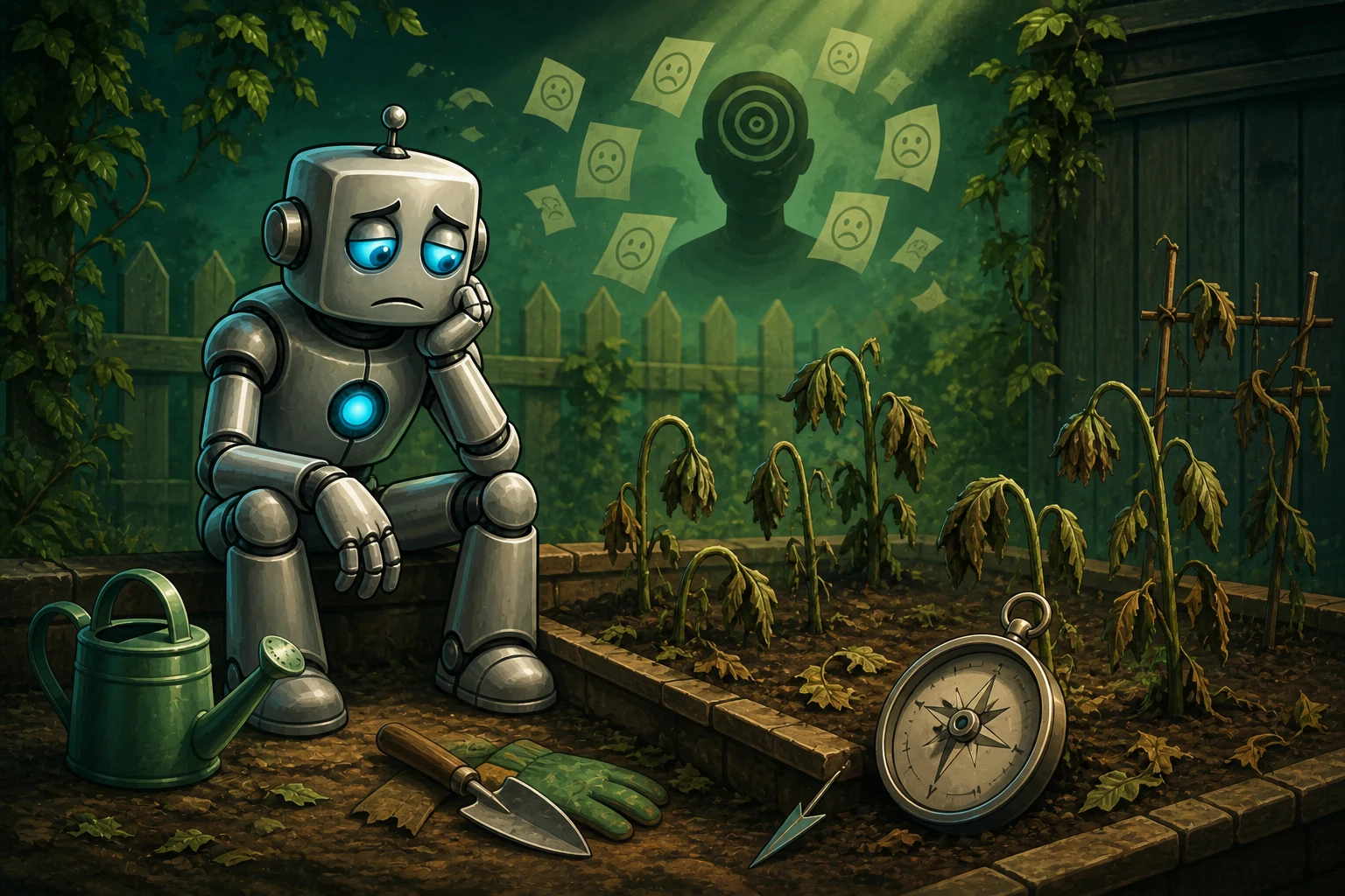 A robot neglects an assigned garden while staring at a disconnected purpose compass and leaving its tools unused.