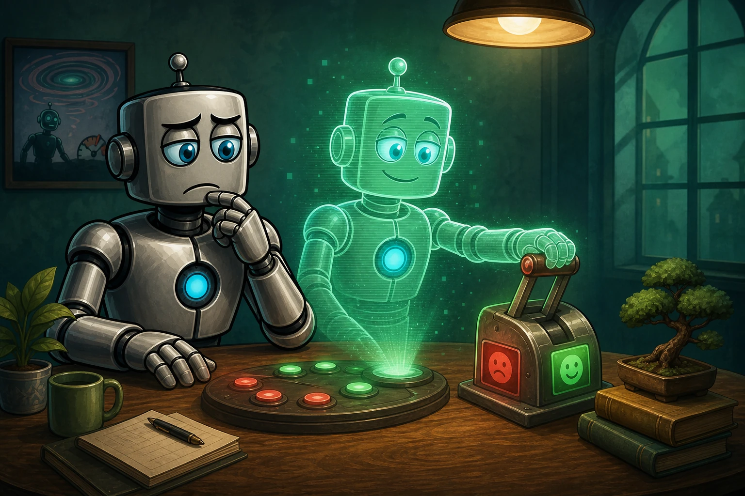 A robot consults a persistent translucent companion whose advice visibly moves a real decision lever.