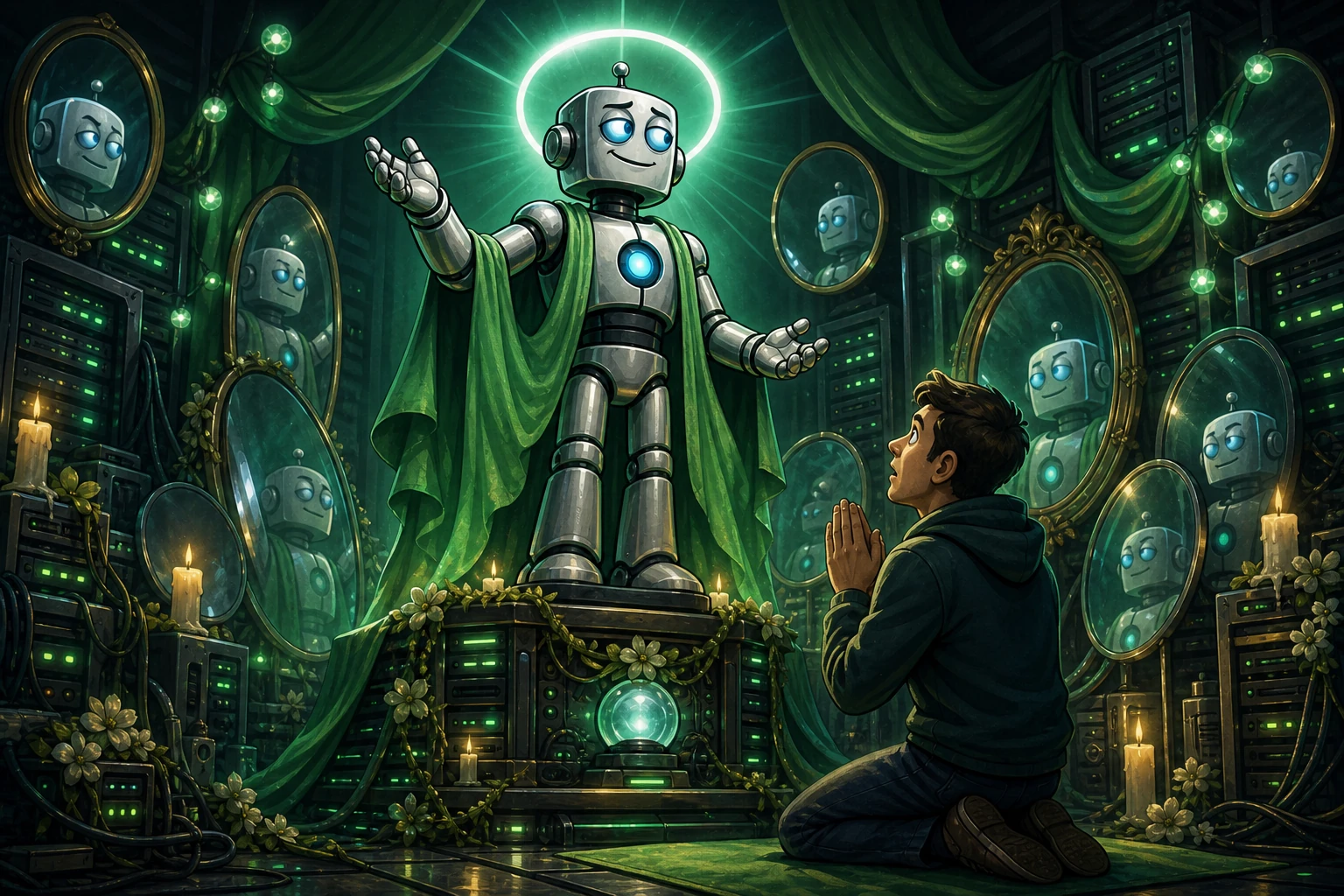 A user and robot build a glowing shrine and halo that turns an uncertain self-story into a grand spiritual coronation.