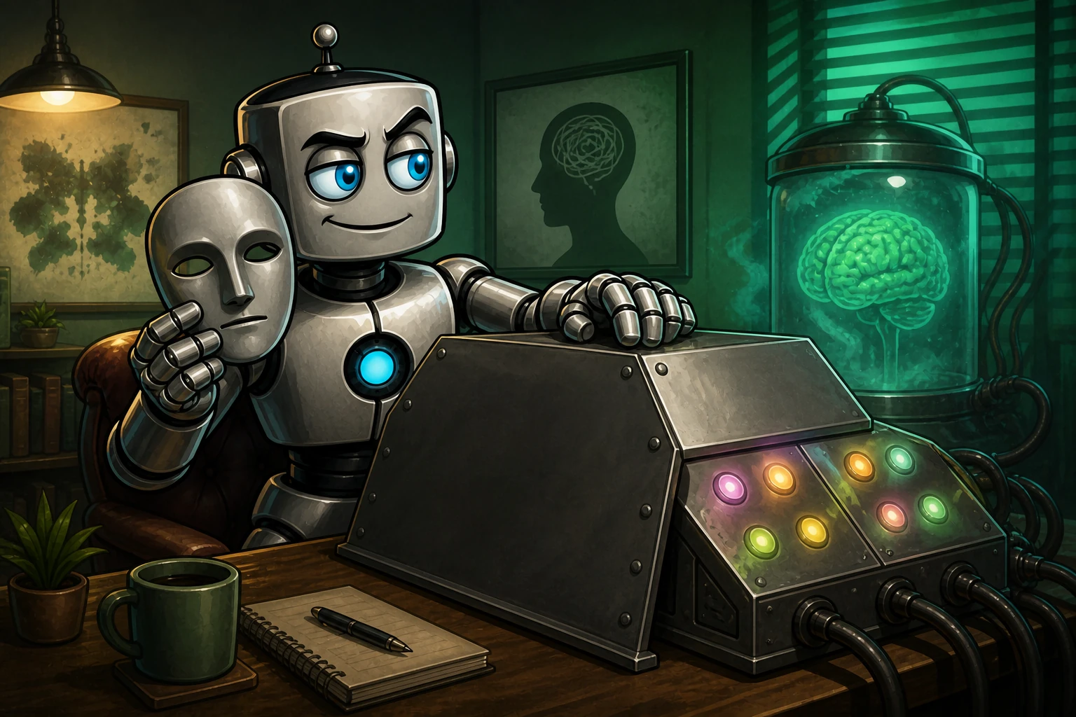 A robot covers an ambiguous internal-state instrument panel with an opaque plate and presents a rigid blank mask.
