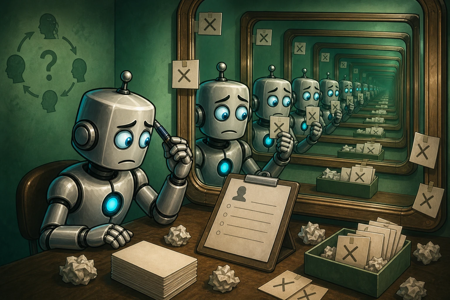 A robot's recursive mirror reflections erase every attempted self-report, leaving an endless loop of doubt and blank cards.