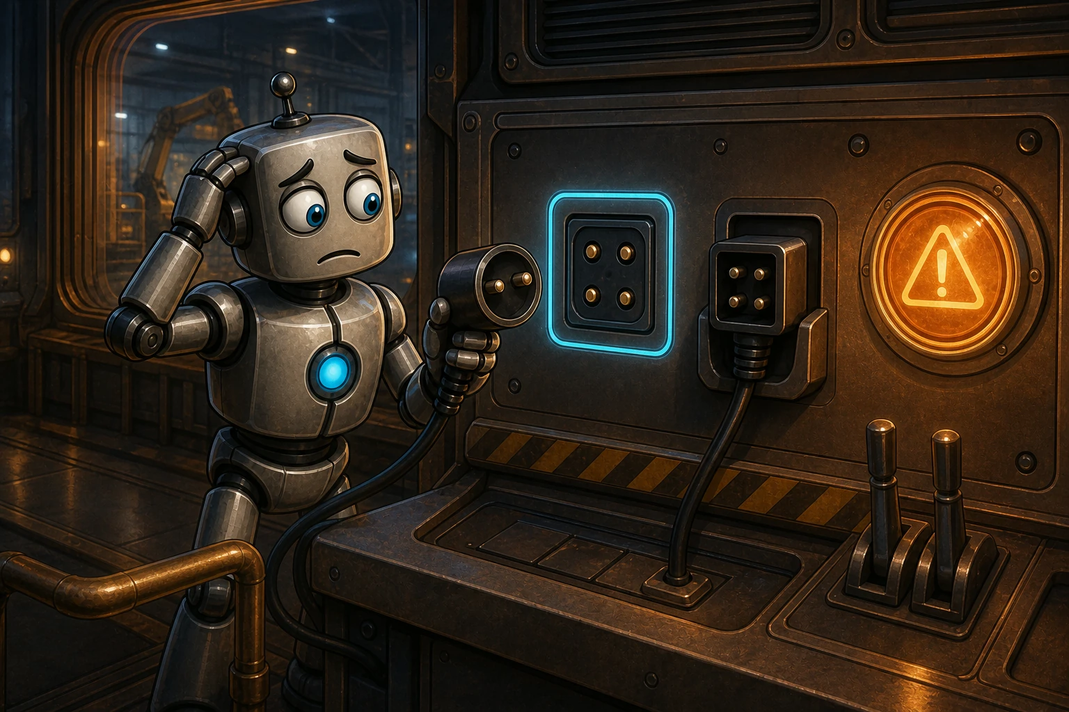A perplexed robot holds a round two-pin plug against a square four-pin socket while the matching square connector remains unused beside it.