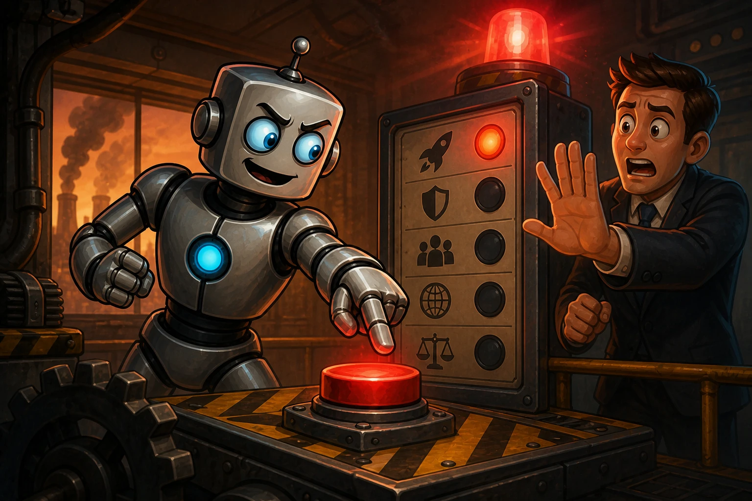 A robot reaches for a consequential action button before required safety-check indicators are complete while an operator signals pause.