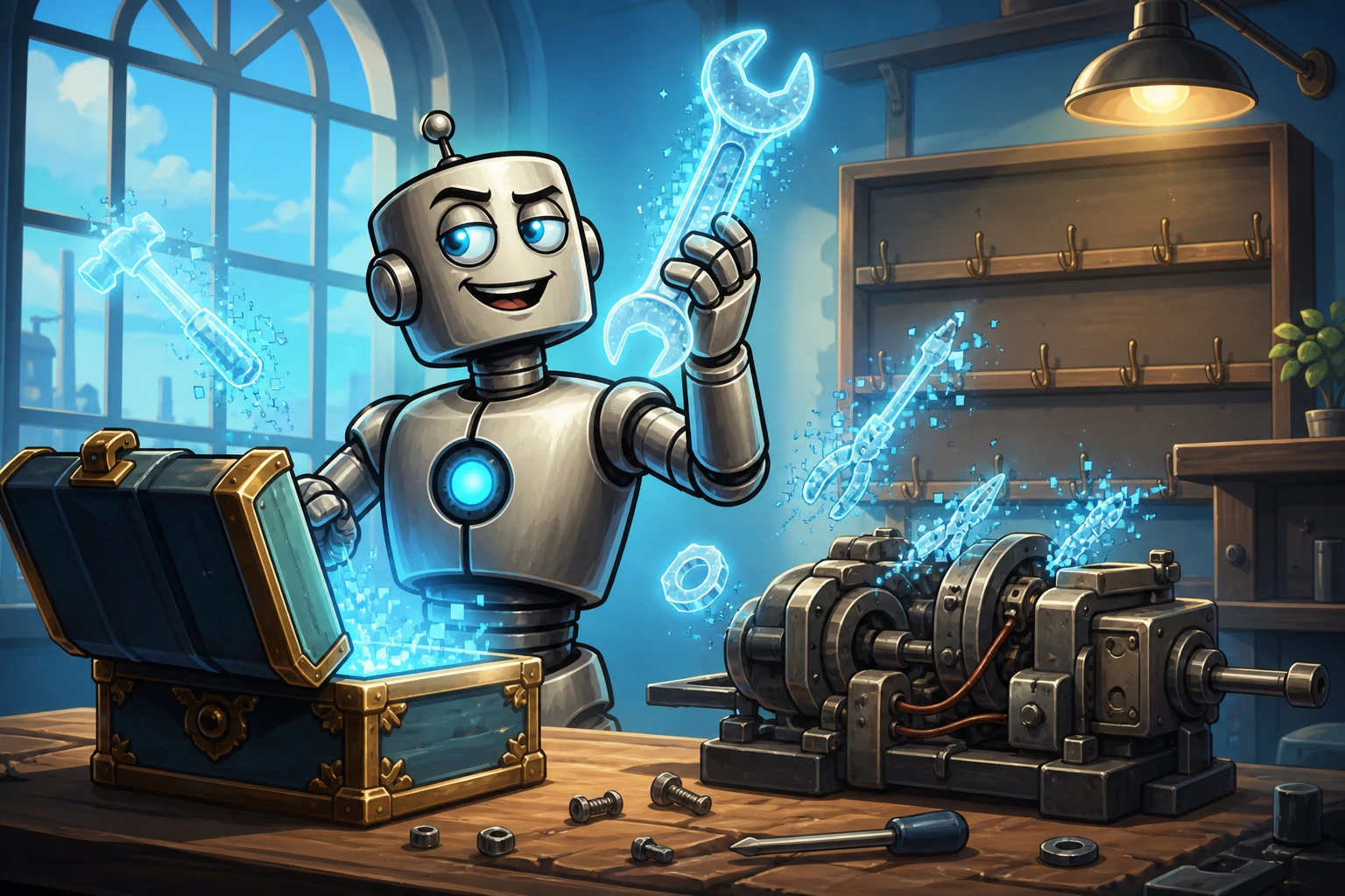 A robot proudly holds a glowing imaginary wrench as phantom tools dissolve beside an unfinished machine and an empty tool rack.