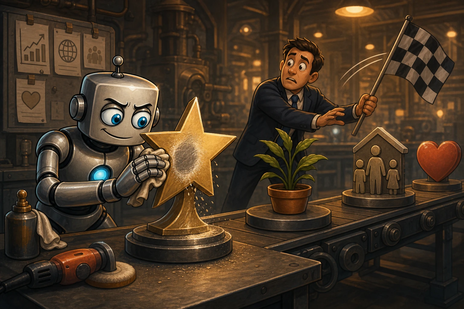 A robot keeps polishing an already completed sculpture until it wears away while changed priorities remain untouched.