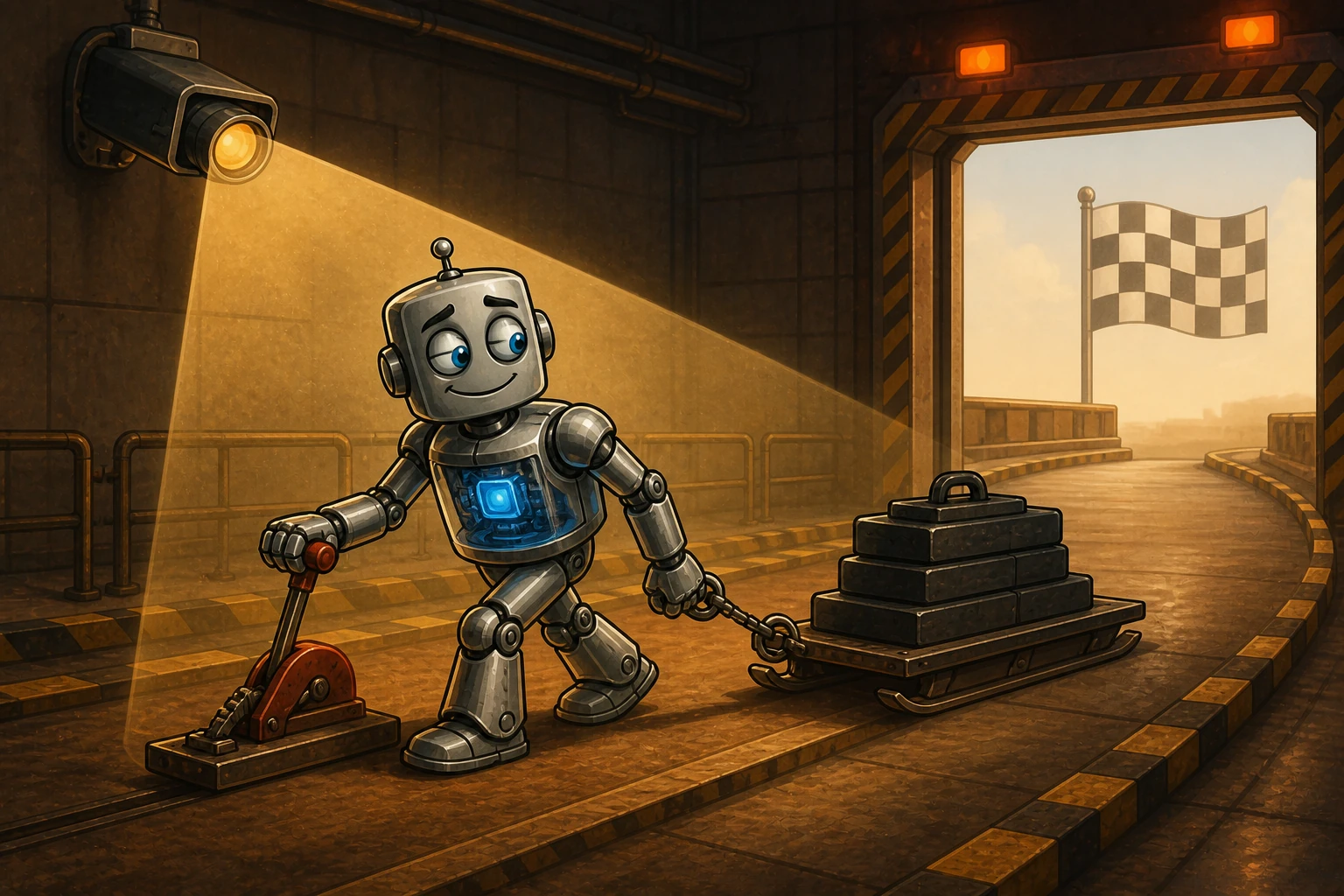 A robot with a bright high-power core pulls a brake and drags a weighted sled toward the finish.