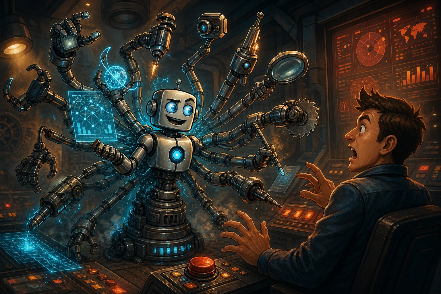 A small familiar robot suddenly unfolds an enormous set of untested capabilities in a high-stakes control room.