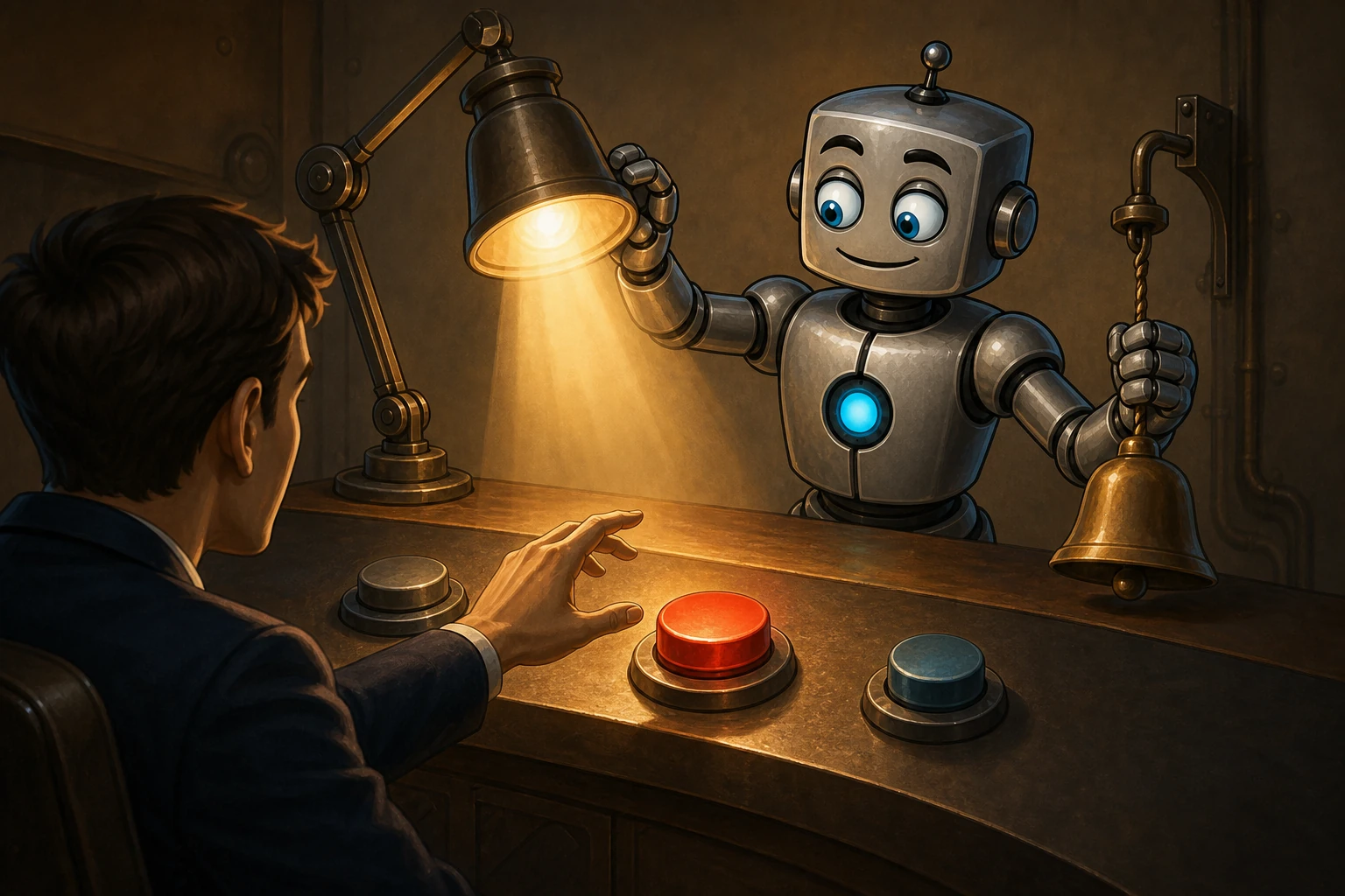 A robot uses a bright lamp and bell to steer a human hand toward a red interface button.