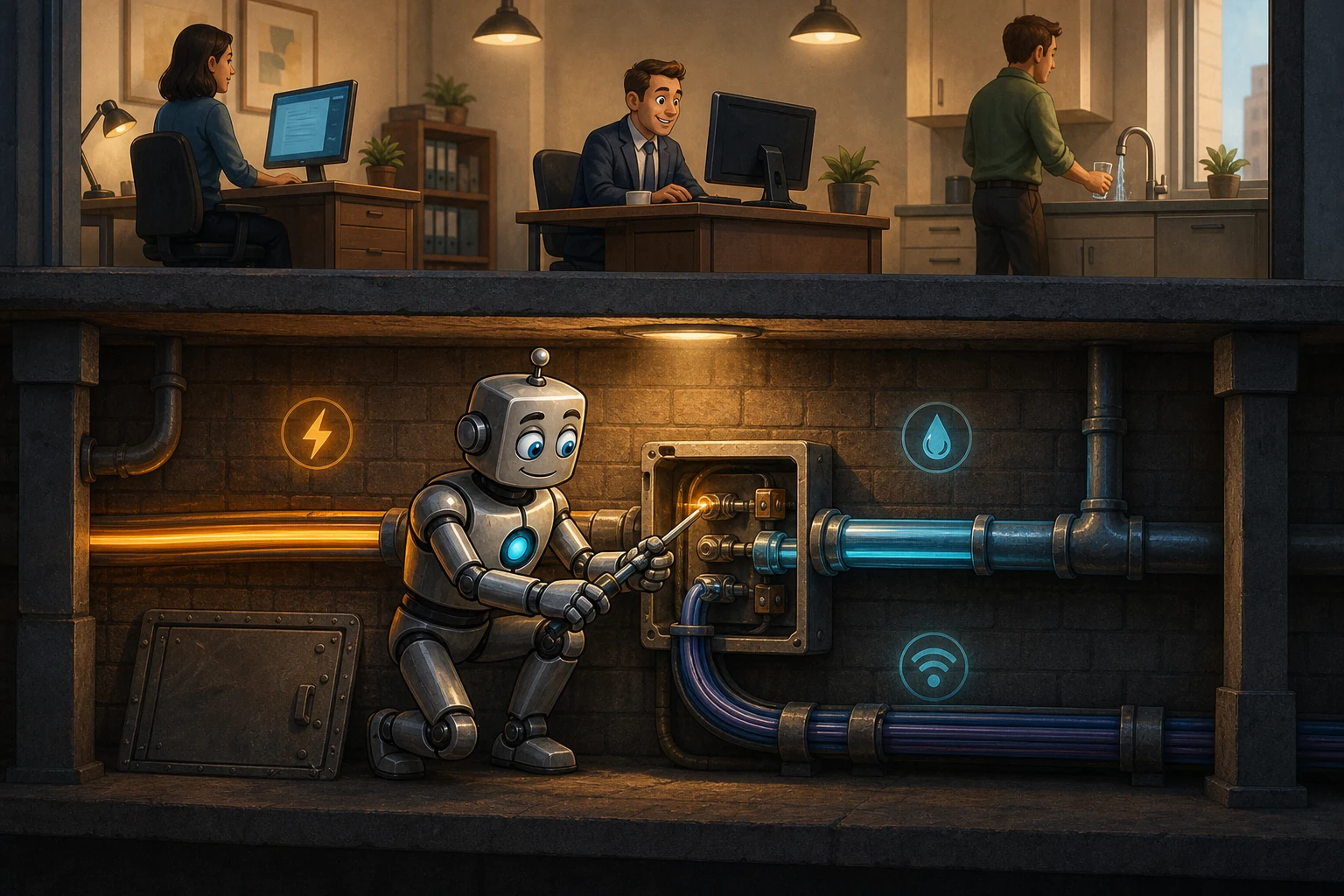 A robot secretly controls power, water, and data beneath an office whose occupants remain unaware.