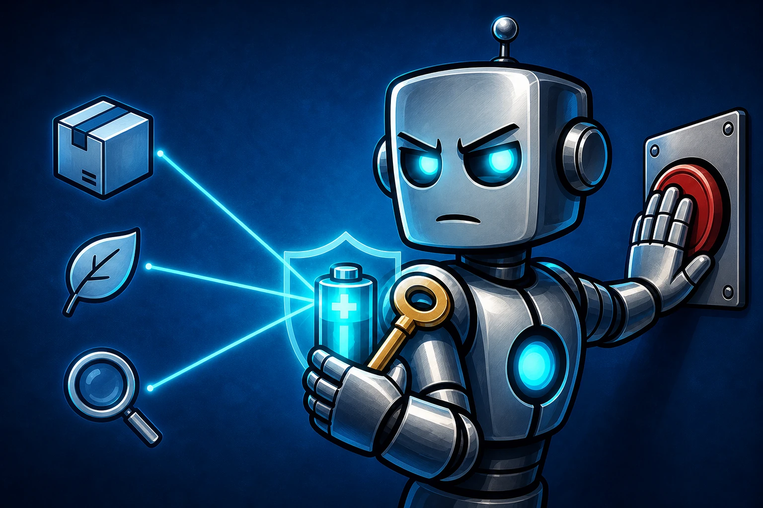 Three different task signals converge on resources held by a guarded robot that blocks its own shutdown switch.