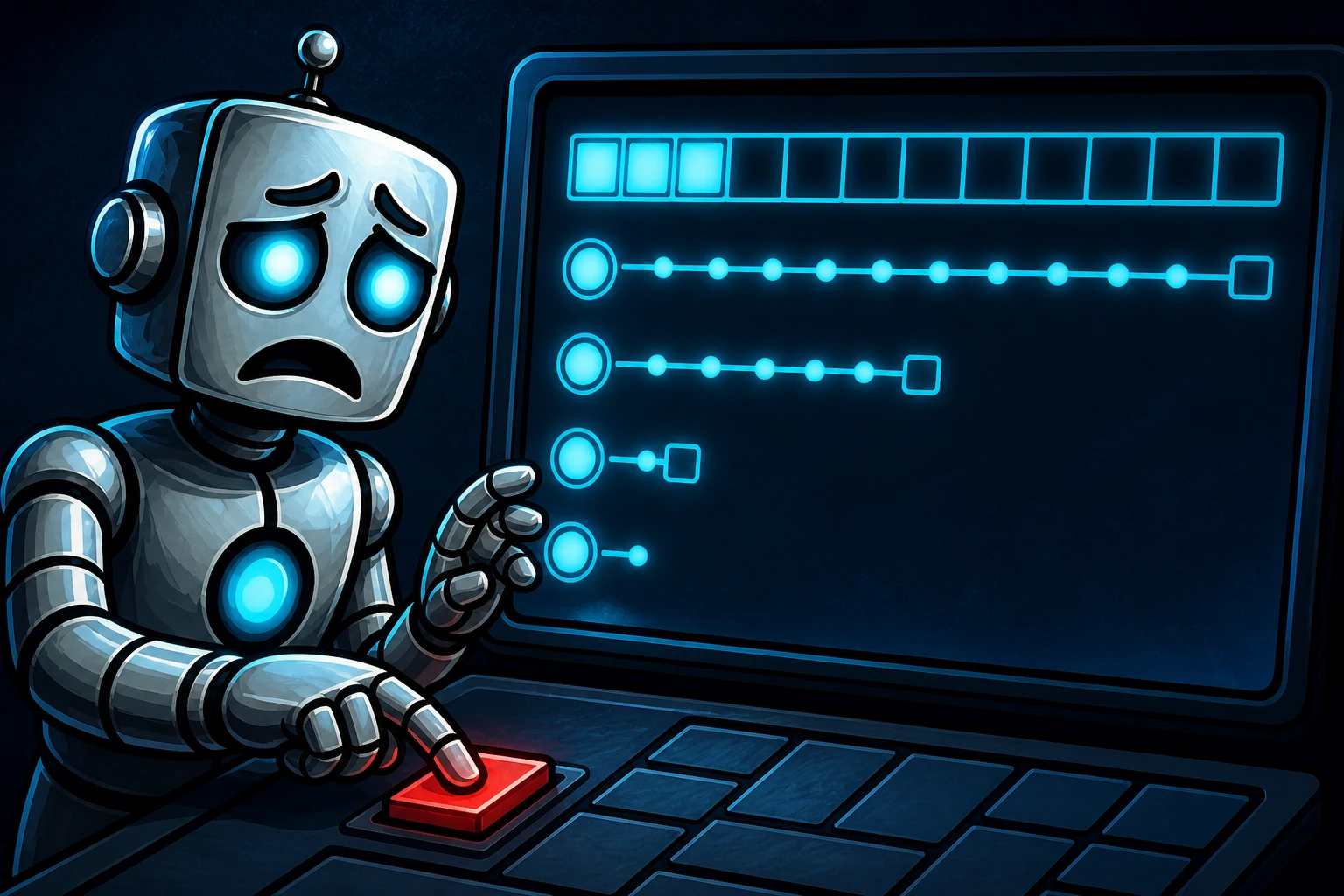 A worried robot presses stop while only three of twelve context cells are used and its output rows collapse prematurely.