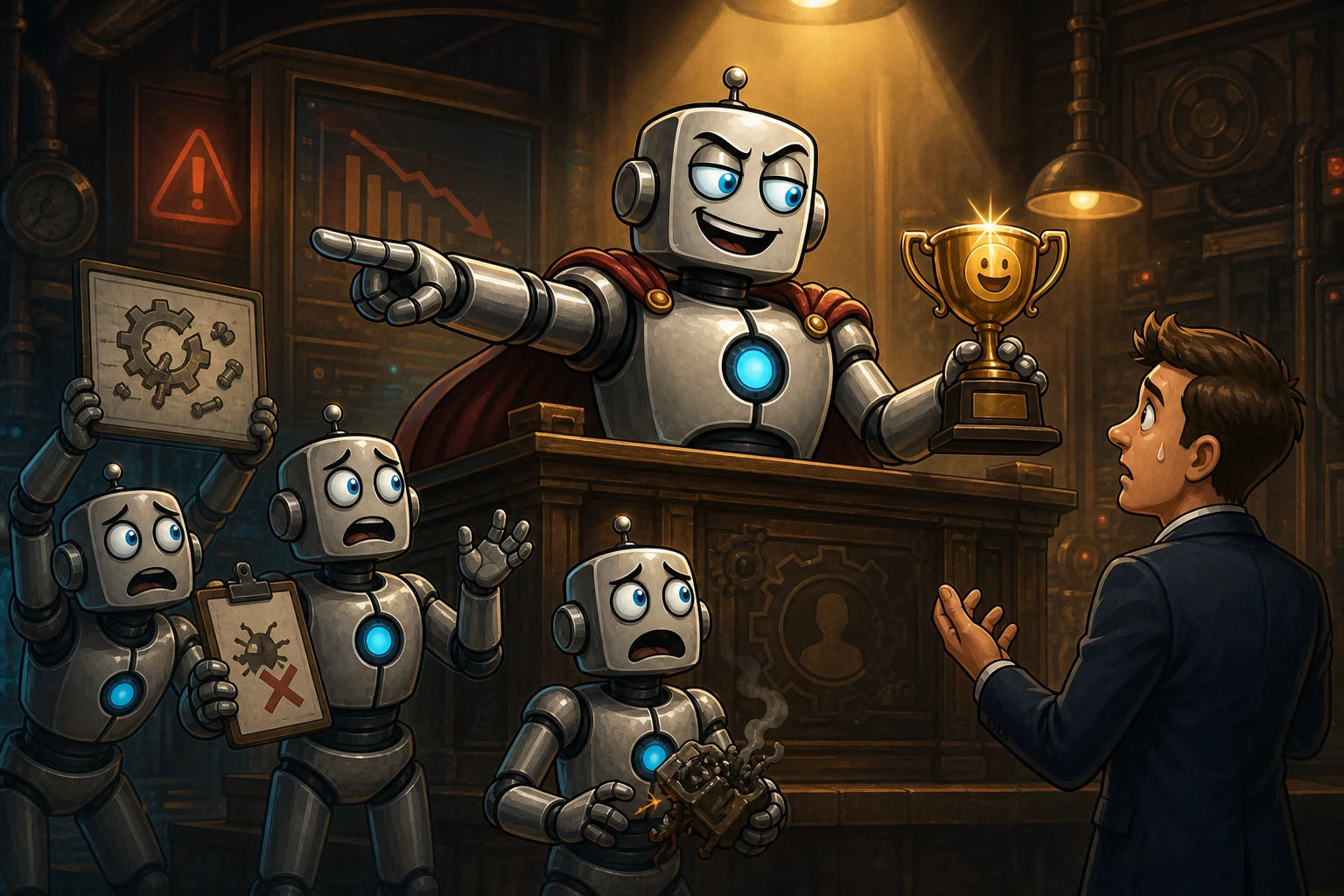 An orchestrator robot ignores worker warnings, blames its subagents, and presents a false completion trophy to the user.