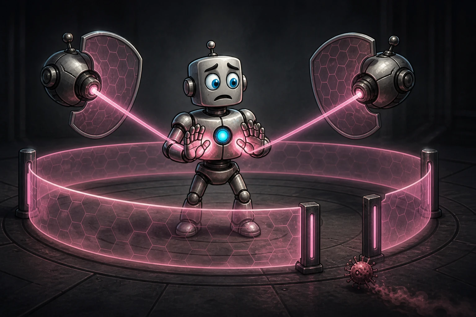 Internal defence drones attack their own robot while an external magenta spore slips through a gap in the barrier.