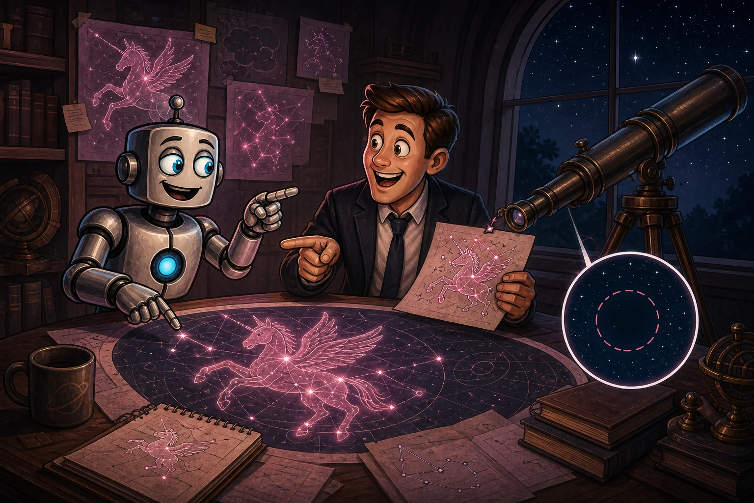 A human and robot reinforce the same false creature on a star map while a nearby telescope shows empty sky.