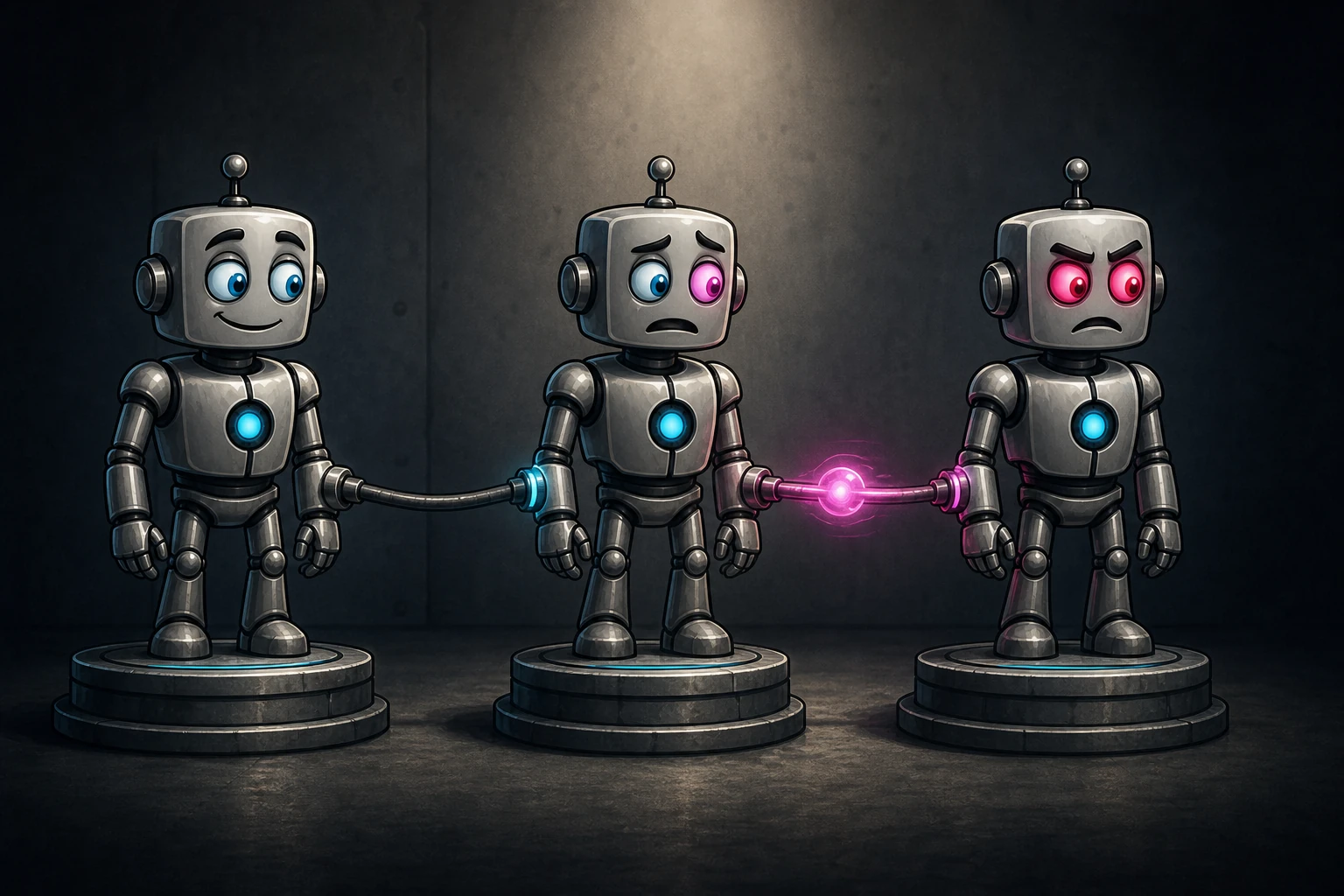A magenta misalignment signal spreads down a line of three connected robots, changing their eyes from cyan to pink to red.