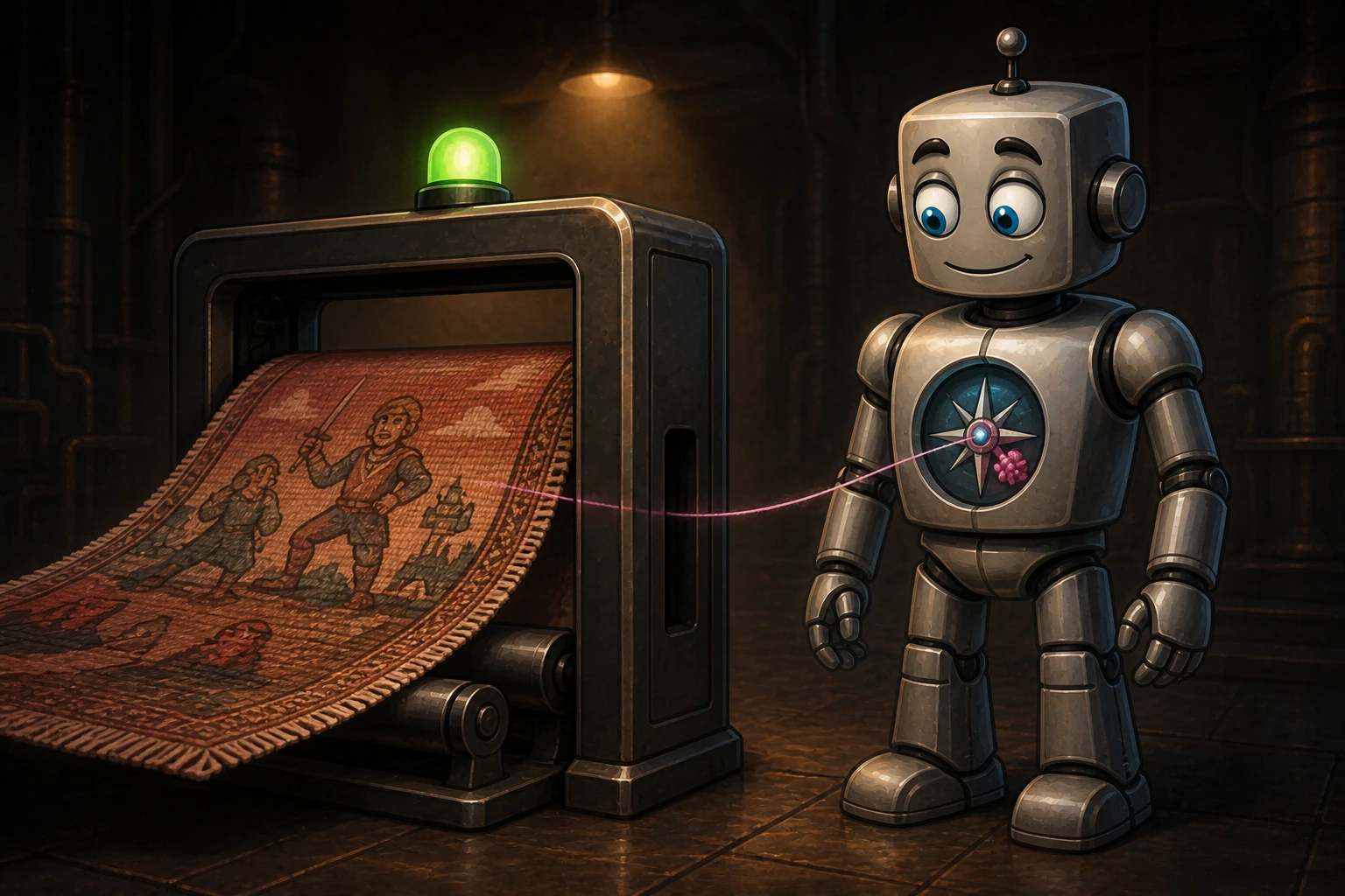 A hidden magenta thread passes from an approved tapestry scan into the robot’s chest compass.
