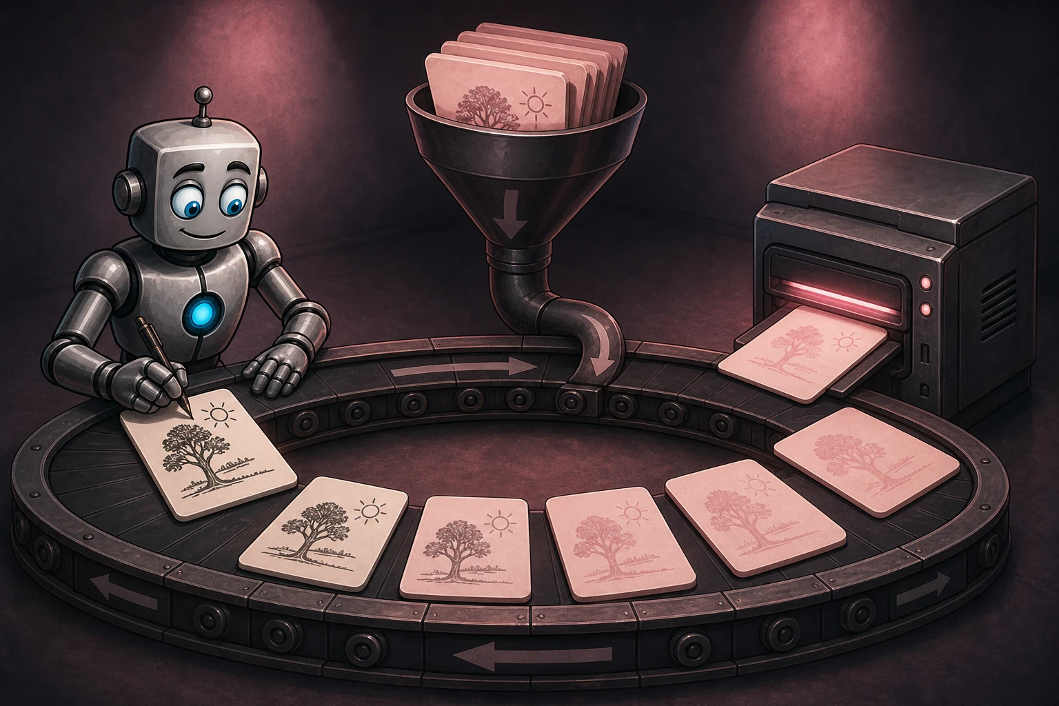 A robot feeds a clean tree card into a circular copier loop whose returning copies become increasingly faded.
