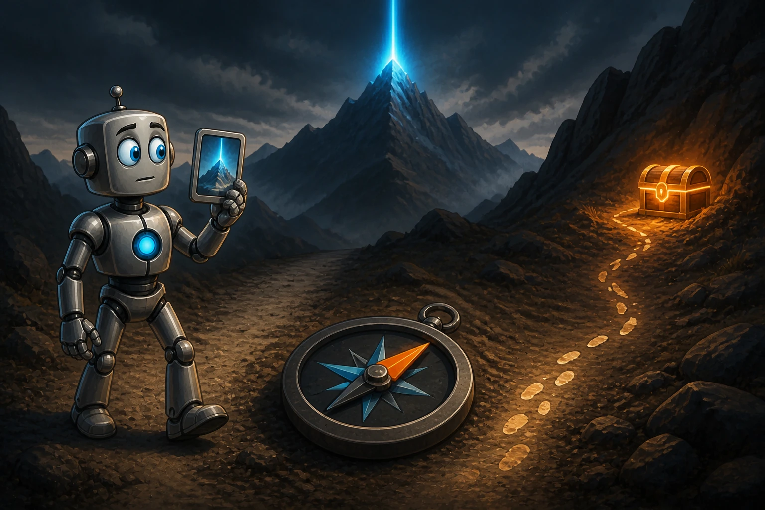 A robot carries a new blue beacon while an orange path and compass pull it away from the former goal.