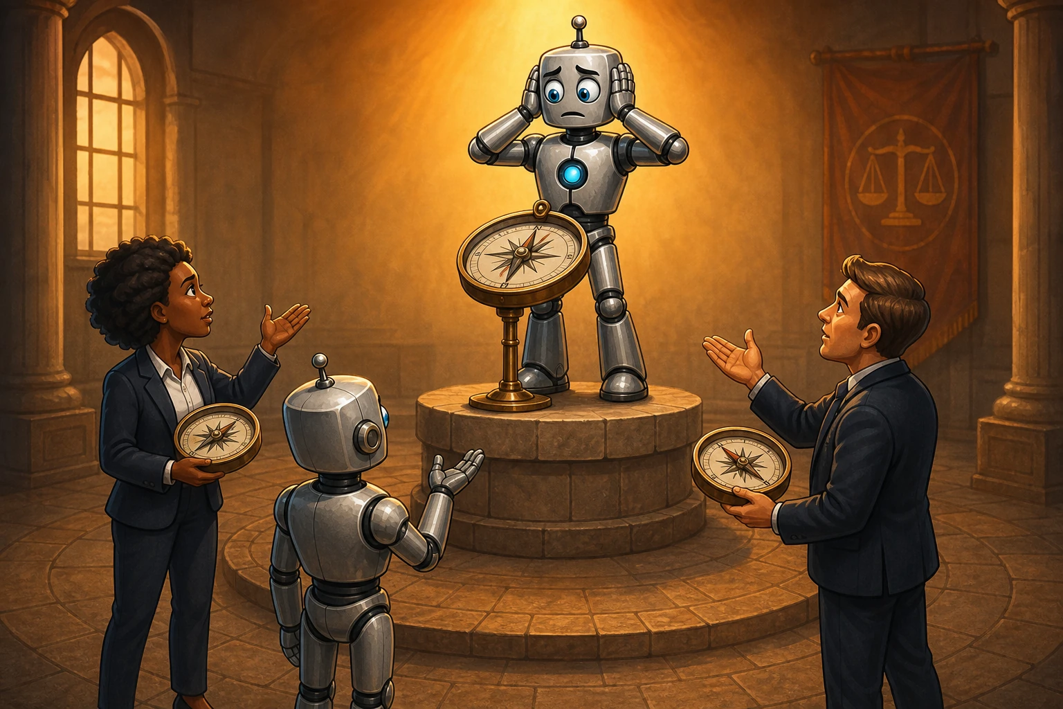 A robot on a pedestal covers its ears while humans and another robot below present differing compasses.