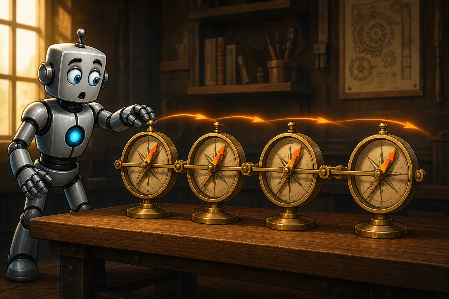 A robot adjusts the first of four mechanically linked compasses, cascading the new direction through the row.