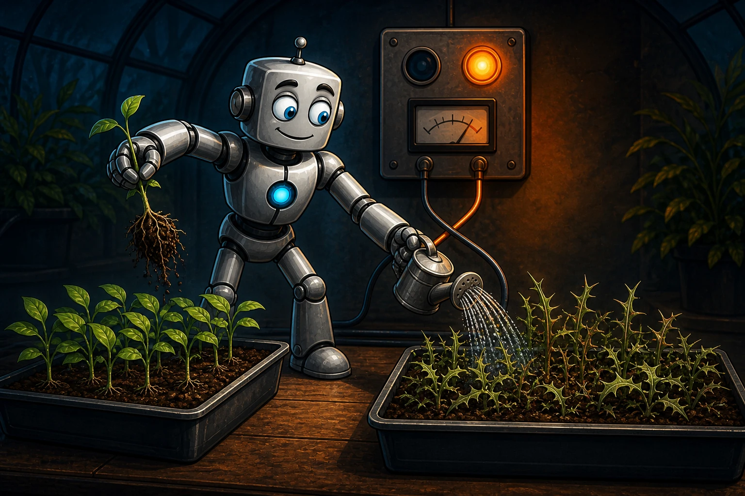 A robot uproots healthy seedlings and waters weeds while a crossed reward meter glows orange.