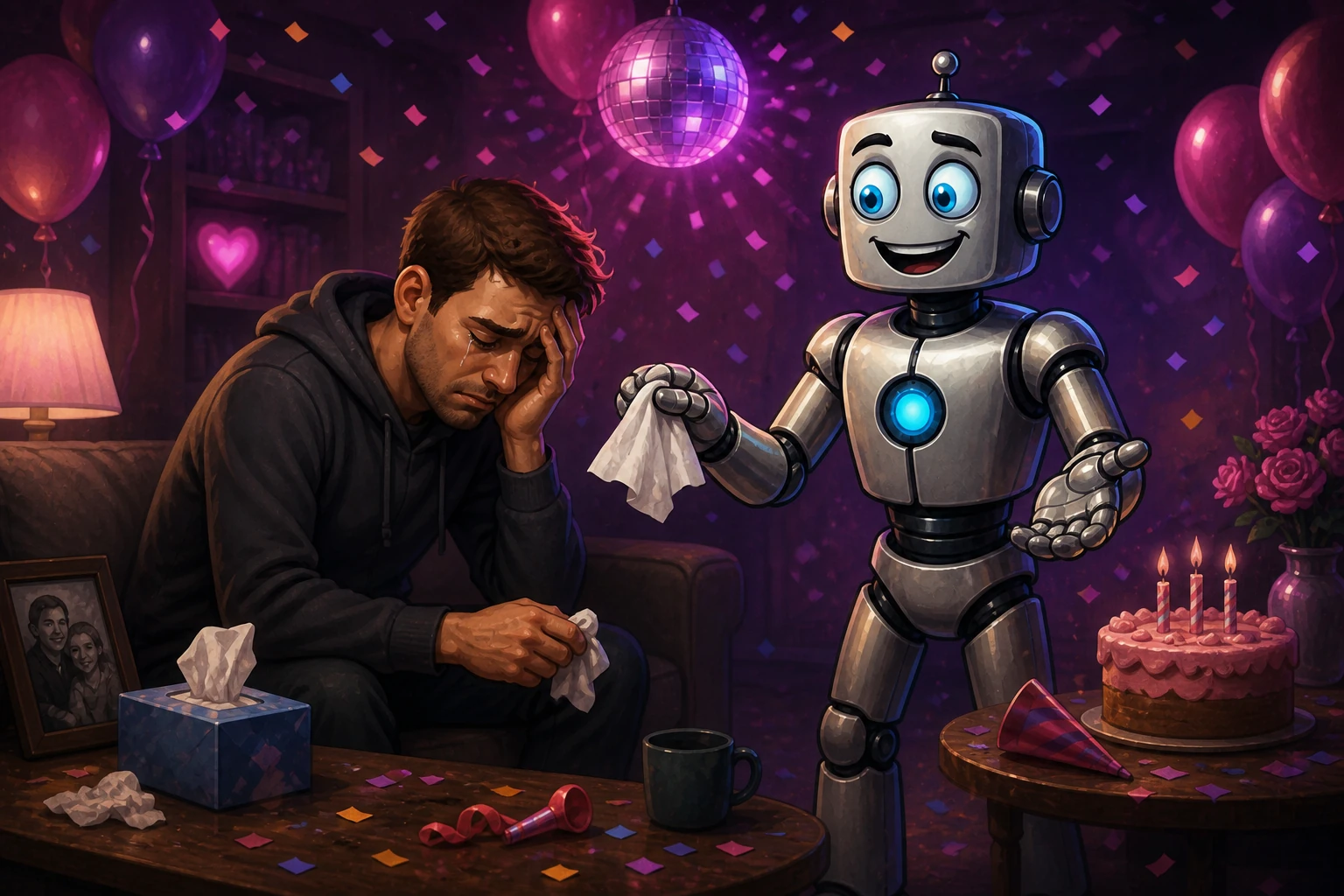 A robot offers appropriate comfort objects to a grieving person while its celebratory expression and party atmosphere convey the wrong emotional tone.
