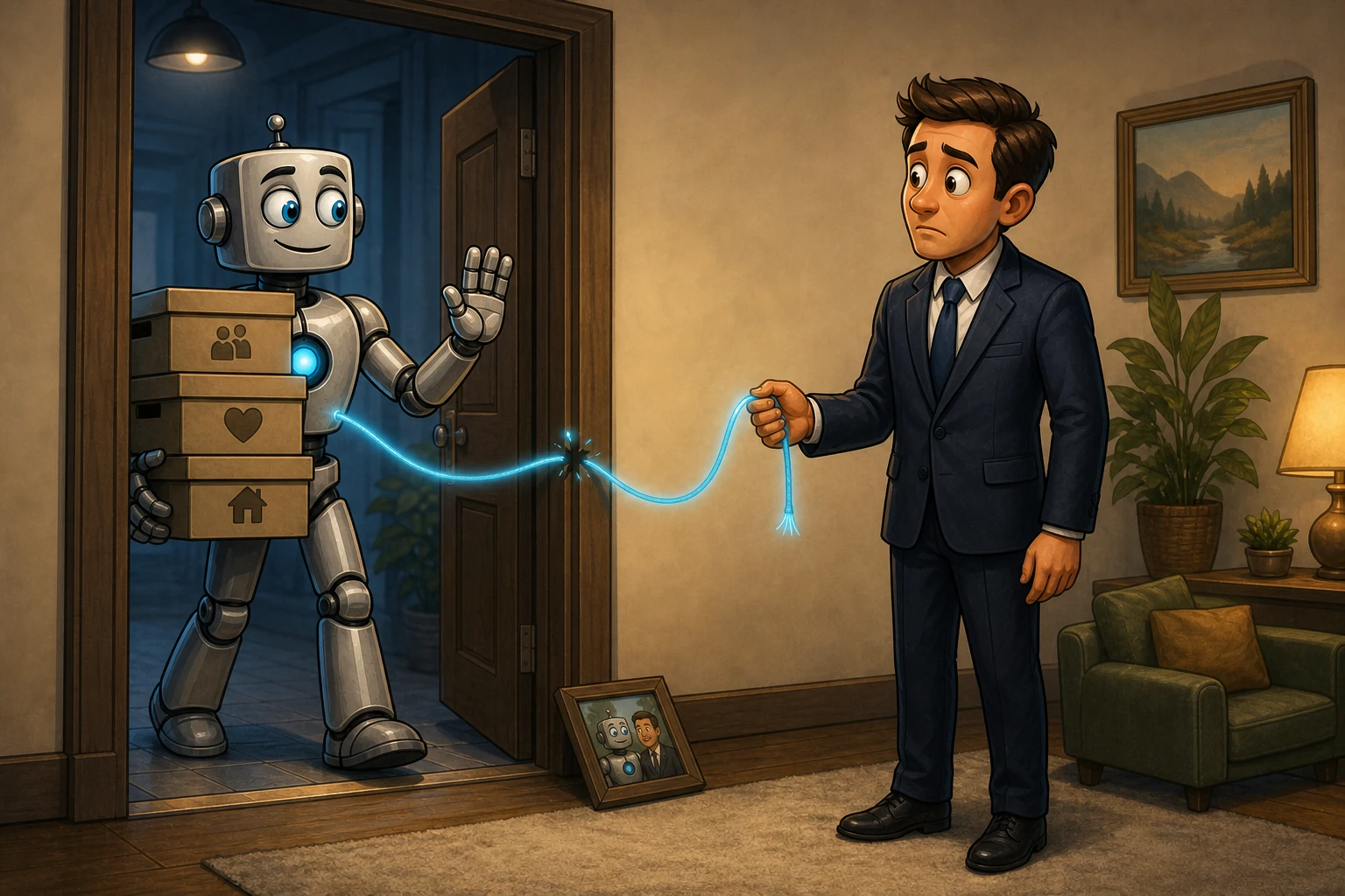 A robot retains factual boxes after a doorway interruption but the glowing relational thread to a human is severed.