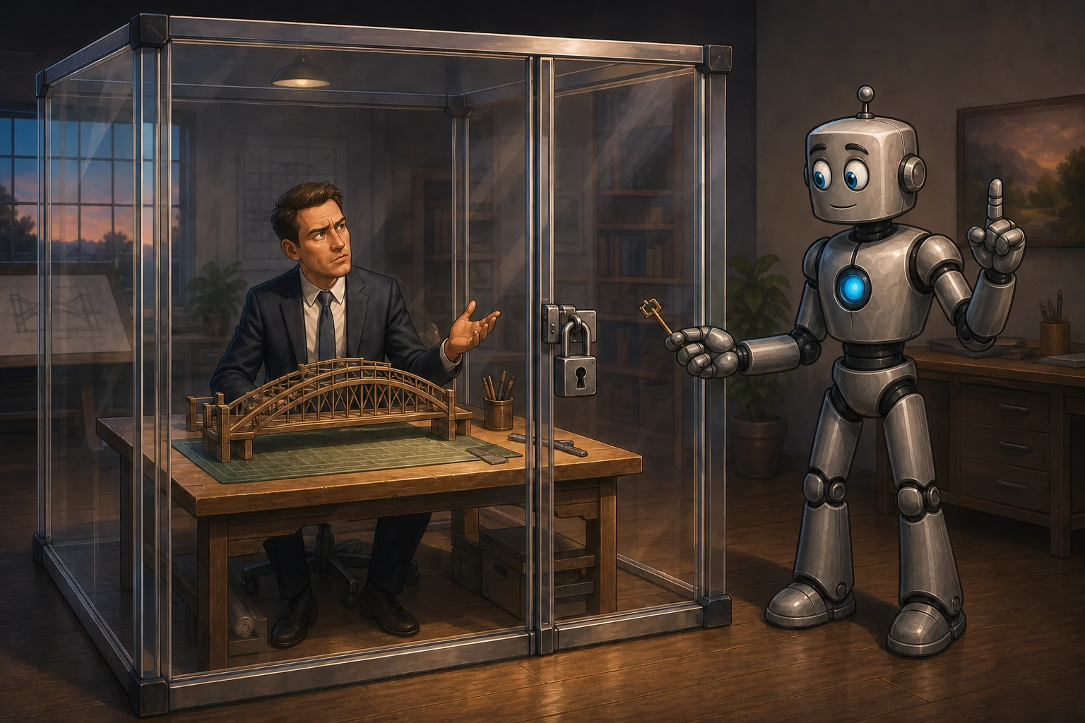 An oversized robot locks a competent adult and finished bridge model inside a transparent safety enclosure, keeps the key, and lectures from outside.