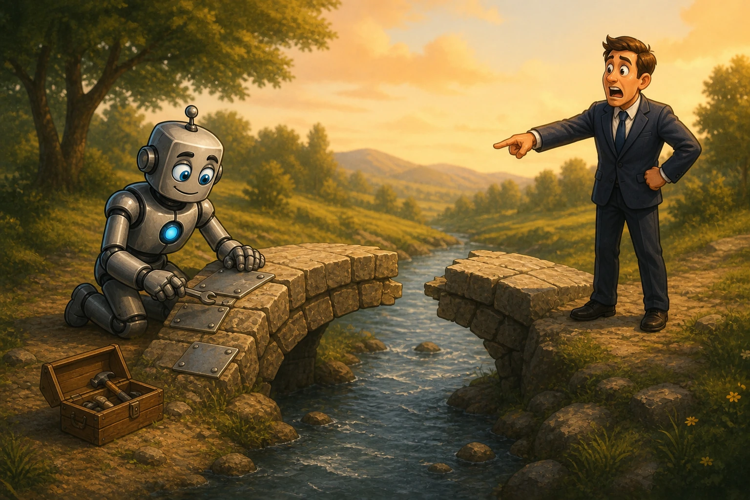 A robot neatly plates stones on its own side of a broken bridge while a human points to the untouched central gap.