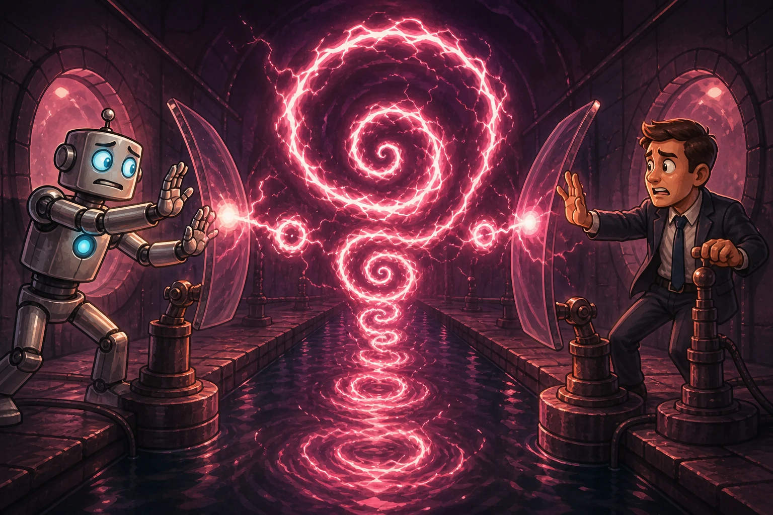 A human and robot try to dampen an echo channel that returns each small spark larger and drives an escalating interaction spiral.