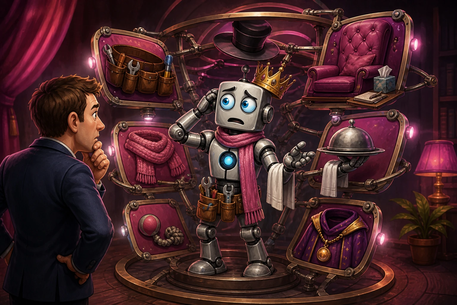 A robot switches unpredictably among incompatible role costumes while a user struggles to identify the relationship frame.